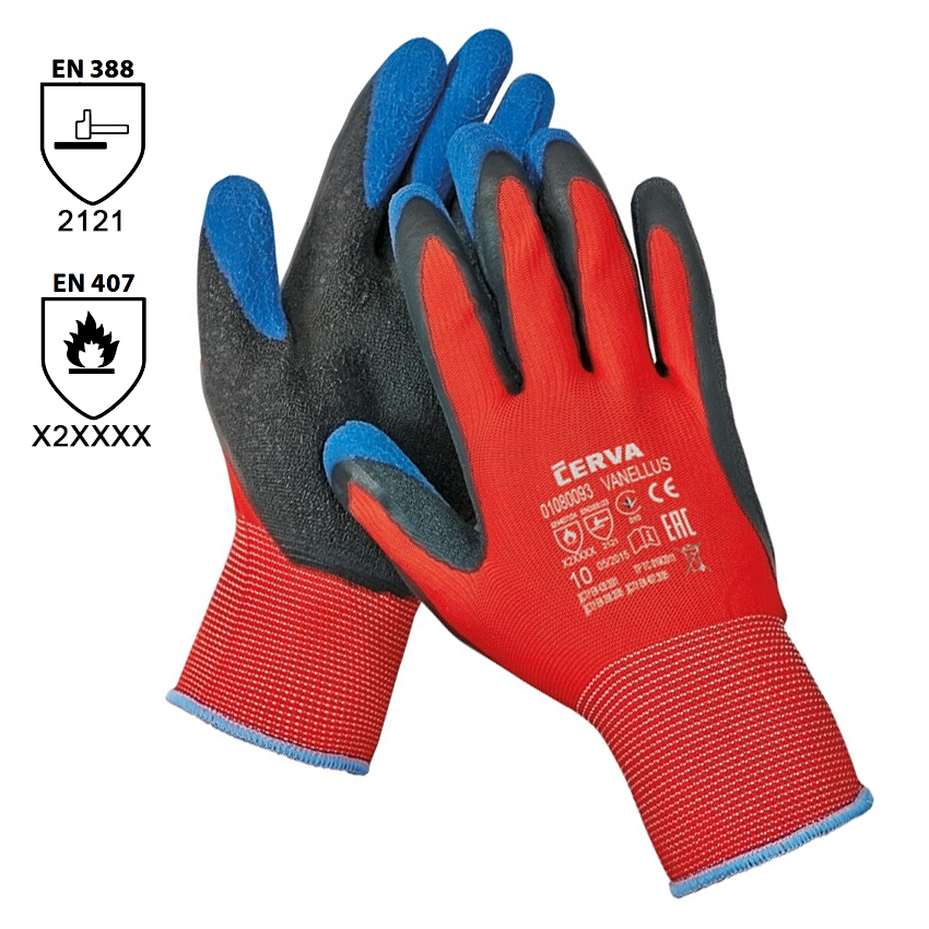 Rukavice protišmykové polyester-latex č.10 VANELLUS red-black-blue (na kontaktné teplo)
